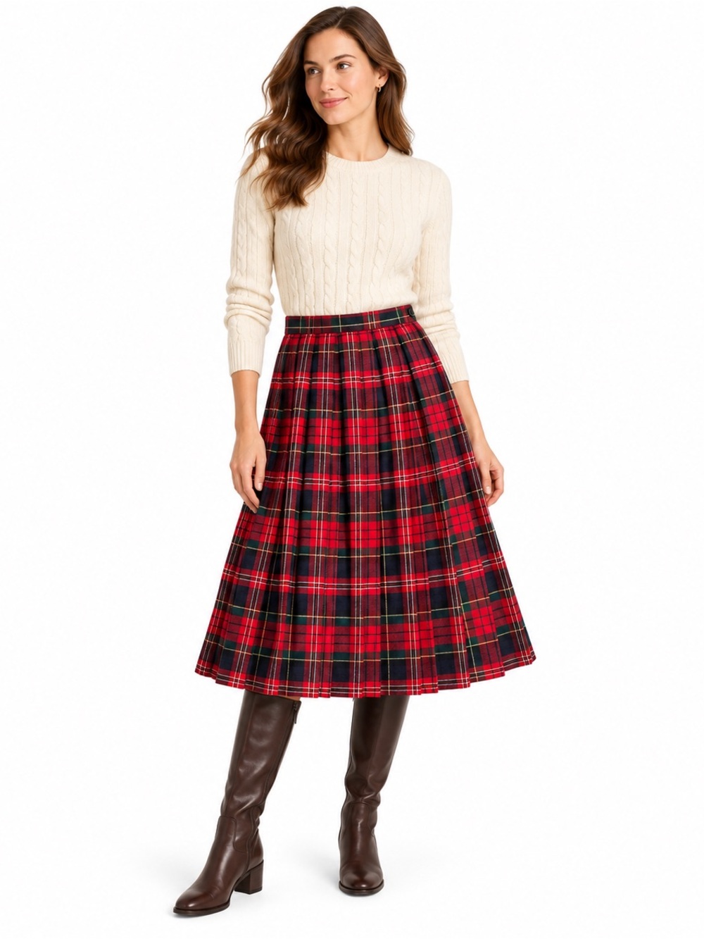Vintage TALBOTS Wool Tartan Plaid Pleated Midi Skirt 10P Made in USA Holidays